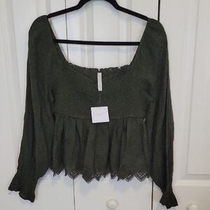 American Eagle Outfitters Olive Blouse with Eyelet Hem